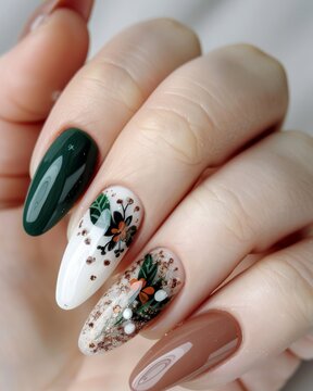 set of spring nails with green flowers and leaves  painted on, palnt design, colorful, bright background, hands close up manicure