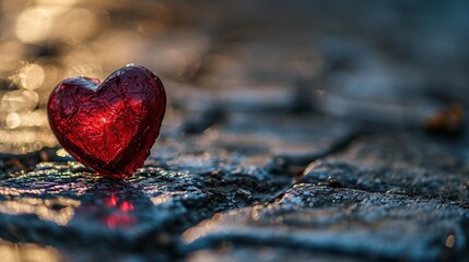 Fototapeta premium Valentines day background. Red heart on a wet pavement.