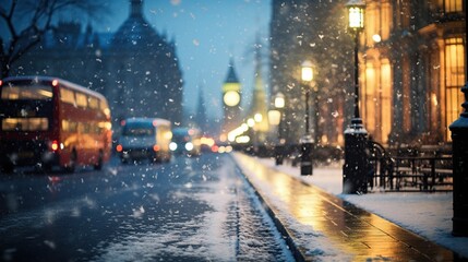 Snowfall in London at night. Blurred background with bokeh