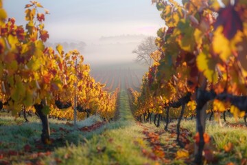 A serene view of a foggy vineyard blanketed with colorful autumn leaves. The image captures a...