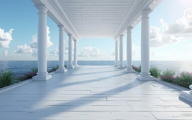 A long white walkway with a view of the ocean. The walkway is lined with white pillars and has a view of the water