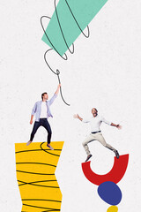 Vertical creative collage picture young happy joyful man employee energetic emotional reaction rope...