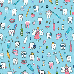 Tooth dental care vector seamless pattern. - 793715806