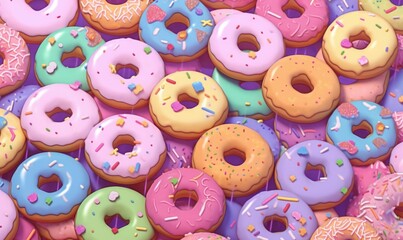 Pile of colorful donuts with sprinkles on a bright backdrop, AI-generated