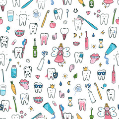 Tooth dental care vector seamless pattern. - 793715849