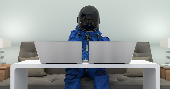 Astronaut In Space Suit Working With Laptop Notebook Computers. Writing Code. Space And Technology Related Scene.