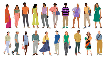 Set of stylish young men and women wearing summer street fashion outfit. Different business people in smart casual office clothes. Vector realistic illustrations isolated on transparent background.