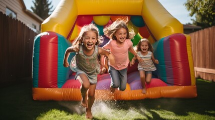 Fototapeta na wymiar Excited children joyfully run and bounce through a colorful inflatable castle at a childrens party