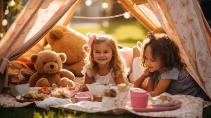 Two young girls having a magical tea party inside a cozy tent with their favorite teddy bears - Powered by Adobe