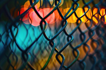 close up image of a metallic wired fence with colourful lights background - obrazy, fototapety, plakaty