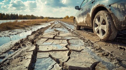 A car drives along an offroad track on cracked earth near the Russian village