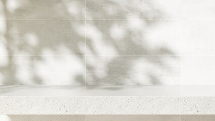 Minimal empty white terrazzo countertop counter in sunlight, leaf foliage shadow on concrete wall for luxury organic cosmetic, skincare, body care, beauty treatment product background 3D