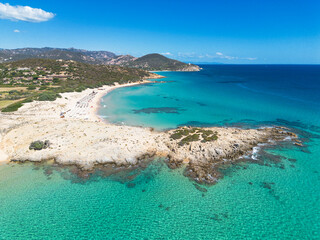 Campana bay, with crystal clear water and white sand, view from the drone, Campana beach, Chia, Domus de Maria, Sardinia, Italy