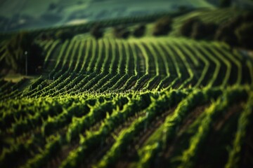 A breathtaking capture of vineyard rows bathed in golden sunlight in a wine country setting,...