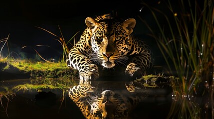 majestic predator in the dark, jaguar's reflection on calm water