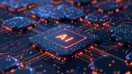 AI Microchip Close-up with Neon Lighting