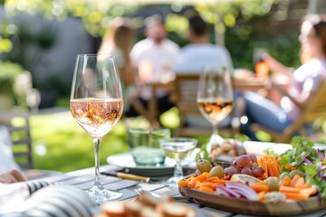 Focused on a glass of rose wine, this image captures friends gathering in a vibrant summer garden setting, enjoying fresh food and drinks. - Powered by Adobe