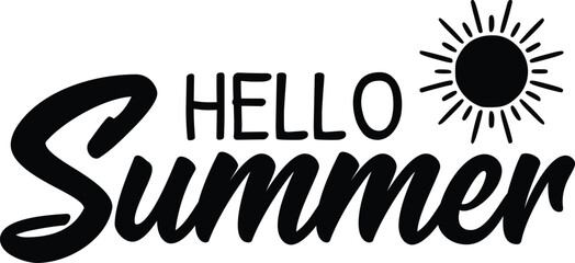 Handwritten vector lettering quote of Hello Summer with sun icon. ZIP file contains EPS, JPEG and PNG formats.