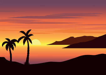 panorama beach in sunset. Vector illustration in flat style.