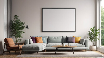 Living room with a white advertising banner on the wall. Prepared for a graphic designer. Generative AI.