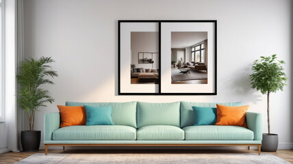 Living room with a white advertising banner on the wall. Prepared for a graphic designer. Generative AI.