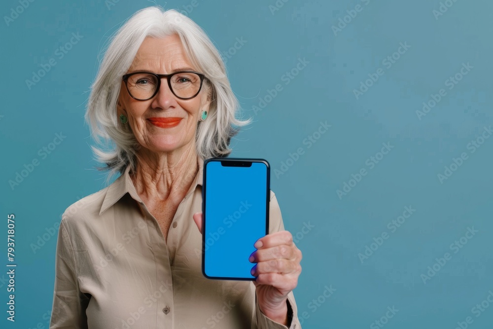 Wall mural app mockup caucasian woman in her 60s holding an smartphone with a completely blue screen