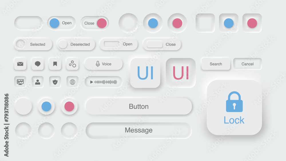 Poster white color and neomorphism design style buttons. user interface ui elements. vector set of ui icons