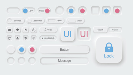 White color and Neomorphism design style buttons. User Interface UI Elements. Vector Set of UI Icons for Mobile, Web, Social Media, and Business. Neumorphism and Flat style. Vector.