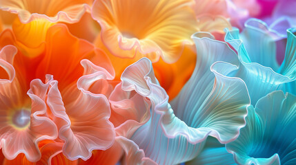 Obraz premium Closeup of sea colorful flowers in the style of iridescent opalescence, translucent petals, pastel colors, rainbow highlights, soft focus, dreamy atmosphere. Floral background