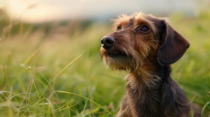 Wire haired dachshund standing on meadow with Kikuyo grass