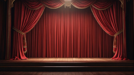Avant-garde curtain in a historic theater. Theater stage in red color. Generative AI.

