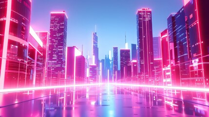 Futuristic neon cityscapes glowing against a pristine white backdrop, capturing the vibrant energy of urban life