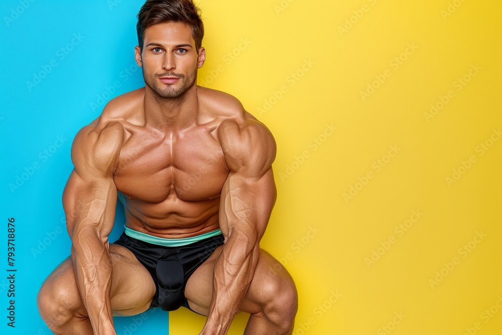 Poster agile athlete balancing on one leg in gymnastics routine on pastel background with space for text