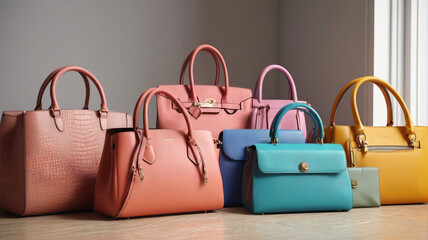 Assortment of various colorful women's handbags laid out in an array. Generative AI.

