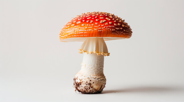 A still life of a single fly agaric on a white background. Copy space