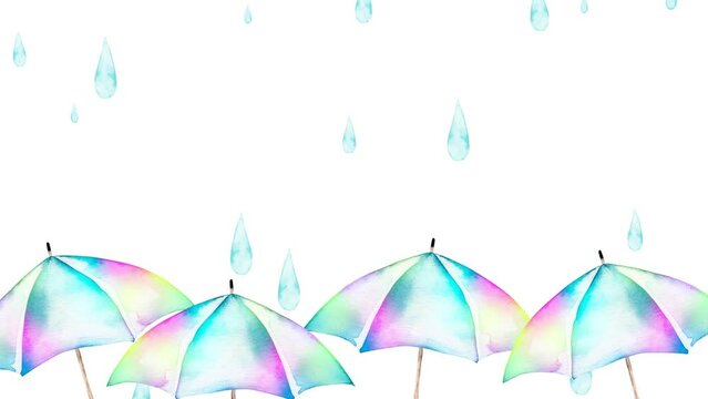 梅雨 傘 雨　水彩 イラスト　ループ 動画