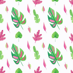 Seamless pattern with different decorative tropical leaves on a white background. Watercolor illustration. Print on fabric and paper. Wallpaper. Plants. Nature. Exotic. Art. Design. Handmade work. 