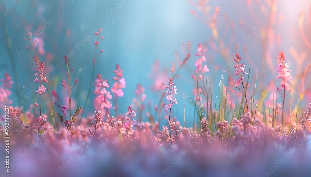 Poster blurred spring meadow with sunny gradient sky and defocused bokeh for serene natural background