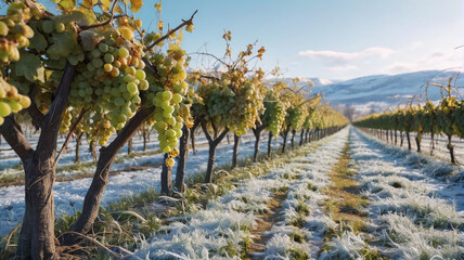 Naklejka premium Damage caused by climate cooling, plants have been frozen. Frozen vineyards. Generative AI.