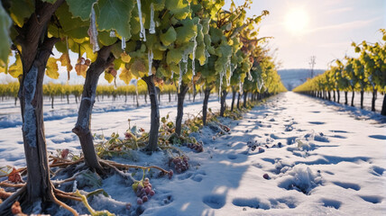 Damage caused by climate cooling, plants have been frozen. Frozen vineyards. Generative AI.

