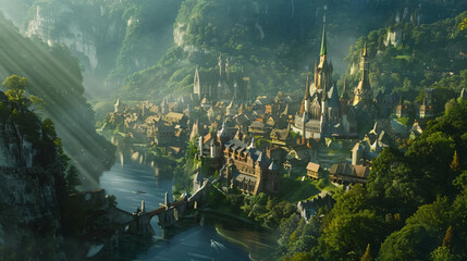 The fantasy city is located by the river a forest 