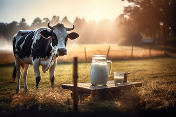 Countryside Meadow Scenery Featuring Cow And Milk In The Morning Light - Generative AI