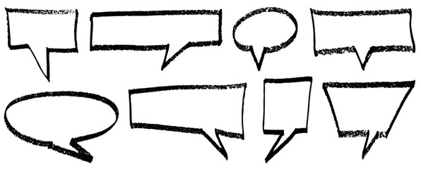 Collection set of hand drawn blank speech bubbles with rough edges outlines and copy space for text, round and rectangular vector shapes
