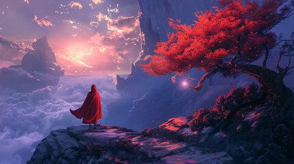 The girl in red hood with magic torch walking on mountain 