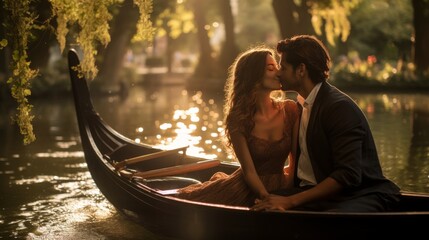 A man and a woman share a tender kiss while sitting in a small boat on calm waters