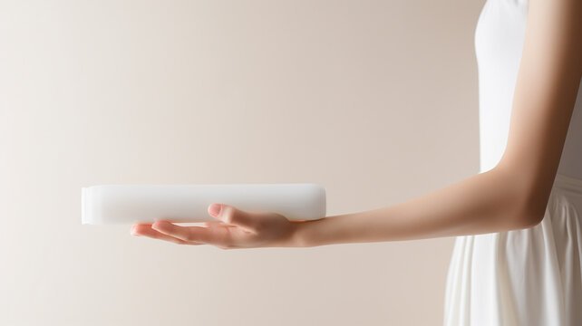 .An elegant image featuring a woman's hand holding a blank white plastic tube against a soft