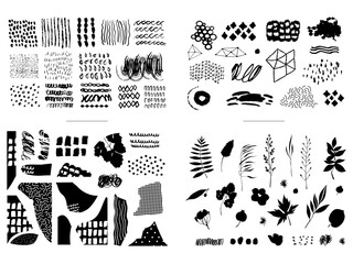 Set of nature shapes and abstract textures on isolated white background. Big inky collection, fashion elements in freehand childish cartoon style.