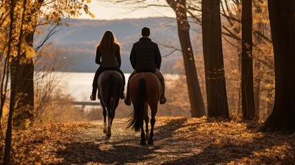 Two people joyfully ride on the back of magnificent horses through a serene landscape