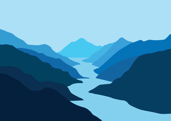 Mountains and river panorama. Vector illustration in flat style.