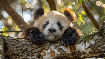 Giant panda wearing a bamboo hat resting